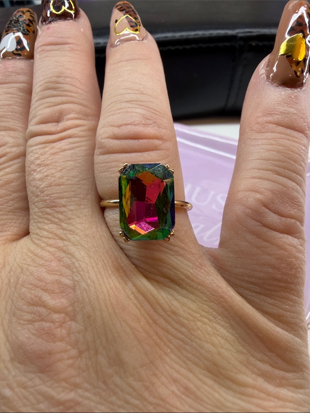 Gold Ring with Multicolor Emerald-Cut Crystal plated gold not real size 8